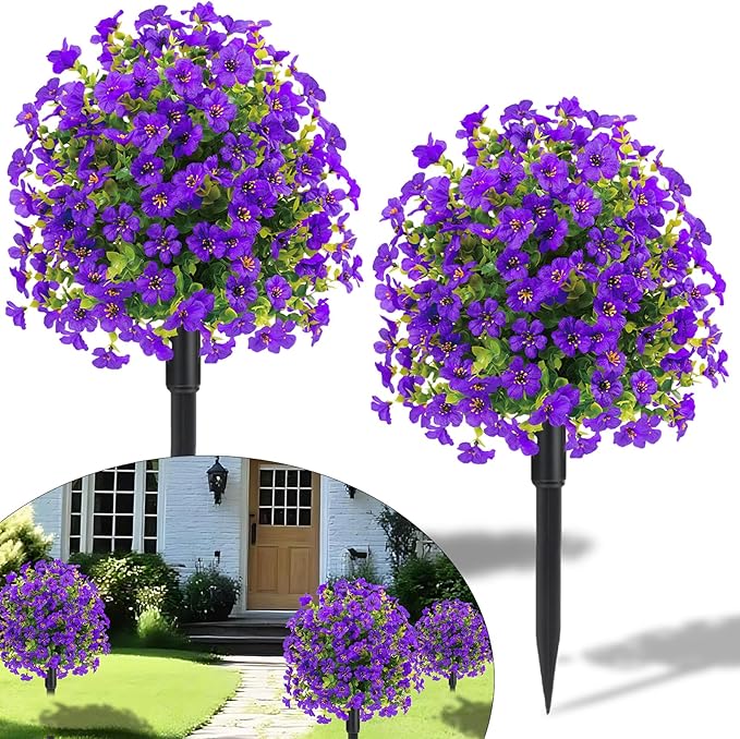 22.8" Set of 2 Fall Artificial Boxwood Topiary Ball Trees with Spikes,UV Resistant Fake Outdoor shrubs with Violet Flowers, Realistic Faux Plants Bushes for Garden Porch Yard Patio Decor(Purple)