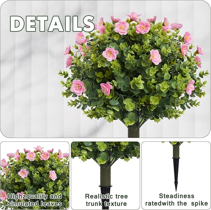 Set of 2 Artificial Pink Camellia Eucalyptus Tree Garden Stakes 20" Height, UV Resistant Faux Floral Bushes with Metal Spikes, Realistic Fake Plants for Porch, Patio, Yard, Garden Outdoor Decor