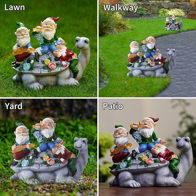 Upgraded Size Solar Garden Outdoor Statues Three Gnomes having party on turtle with 7 LED Solar Figurine for Lawn,Patio,Balcony,Yard Decor Unique Housewarming Gift, for grandfather, Father,Grandma,Wen