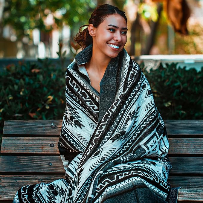 Off the Grid Inca Aztec Throw Blanket | Southwest Indian Navajo Boho Style | Native Woven Western Cover for Camping, Bedding, Couch (King, Cotopaxi Slate)