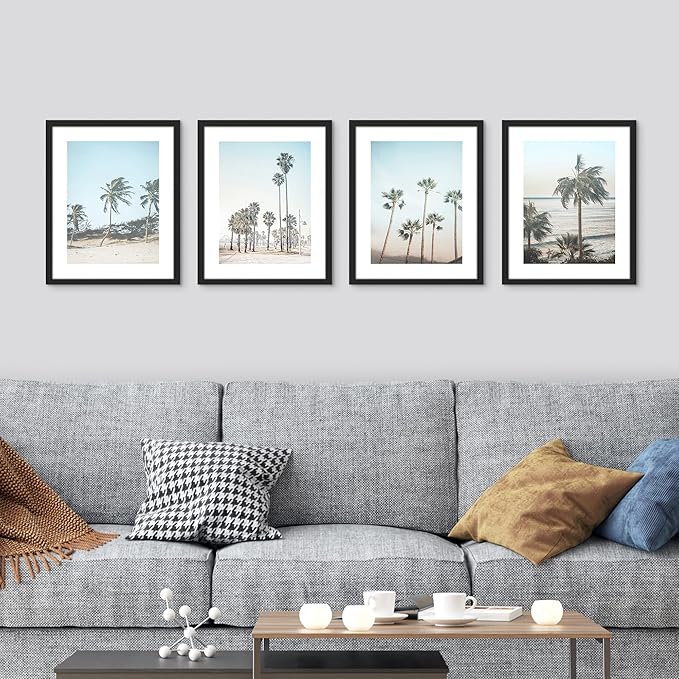 SIGNWIN Framed Washed Out Tropical Island Wall Art, Set of 4 Island Palm Tree Beach Landscapet Wall Decor Prints, Nature Wilderness Wall Décor for Living Room, Bedroom - 11"x14"Black