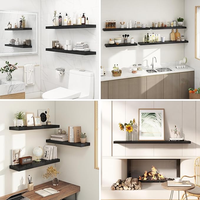 40 Inches Floating Shelves for Wall, 9.3" Deep Long Floating Shelves Set of 2, Large Display & Storage Shelf, Wall Shelf for Bathroom Bedroom Living Room Kitchen Office, Black