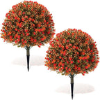 Yunlly Set of 2 Artificial Boxwood Topiary Ball Tree 27" Outdoor Boxwood Balls with Flower Faux Bush UV Resistance Fake Shrub Plant with Spike for Garden Porch Patio Decor(Fall Orange,27x18inch)