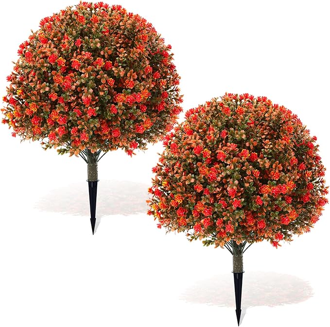 Yunlly Set of 2 Artificial Boxwood Topiary Ball Tree 27" Outdoor Boxwood Balls with Flower Faux Bush UV Resistance Fake Shrub Plant with Spike for Garden Porch Patio Decor(Fall Orange,27x18inch)