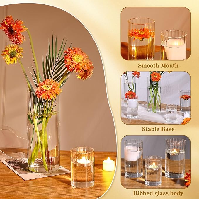 3 Pack Ribbed Glass Cylinder Vases 4,6,10 Inch Tall Clear Flower Vase Hurricane Floating Candle Holder for Table Centerpiece Wedding Home Decor