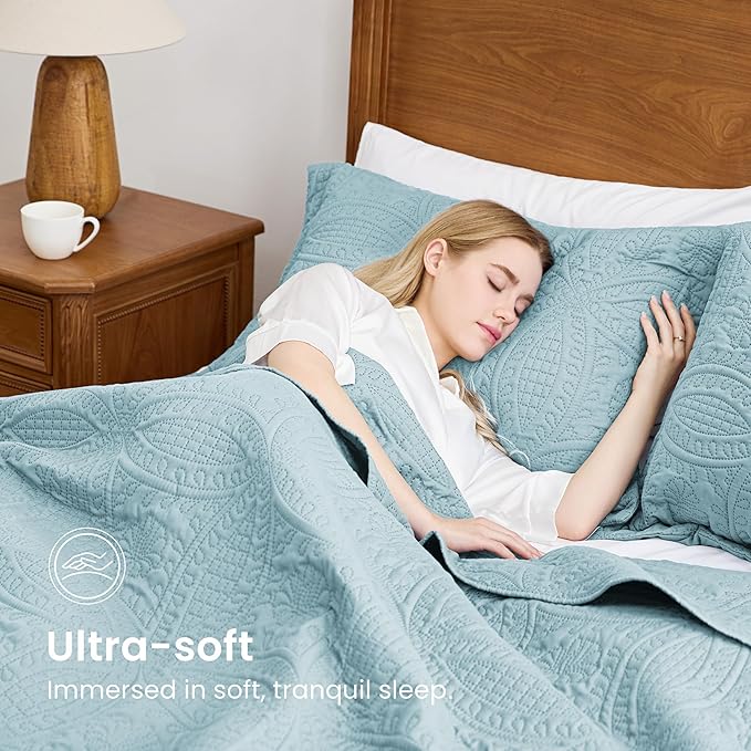 Love's cabin Quilts for Full Bed Spa-Blue Bedspreads Bedding Set - Lightweight Bedspread Comforter - Coin Pattern Bedding Coverlet for All Season - 3 Pieces (1 Quilt, 2 Pillow Shams)