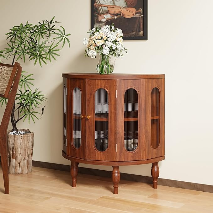 31'' Sideboard Buffer Cabinet with Storage, Semi-Circle Modern Accent Storage Cabinet with Wooden Finish & Acrylic Doors, Console Table for Living Room Entryway Hallway (Walnut)
