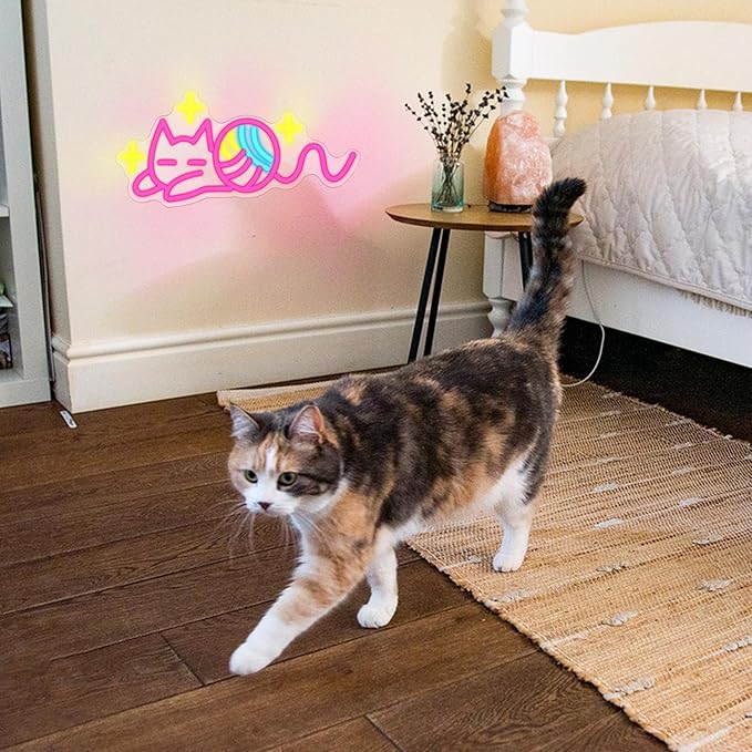 Star Cat Neon Sign with Dimmer Switch,Colorful Ball Neon Light Pink Cat Light up Sign for Bedroom Kids Room decoration (16.54 * 8.27In)