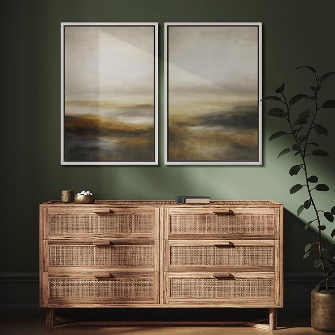 SIGNFORD Framed Canvas Print Wall Art Set Abstract Neutral Landscape Modern Beige and Brown Illustration Modern Art Decorative Nordic Nature for Living Room, Bedroom, Office - 16"x24"x2 White