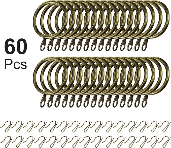 Hotop 30 Pcs Metal Drapery Curtain Rings 0.98/1.26/1.65 inch Interior Diameter and 30 Pcs Hanging Curtain Drapery Pin Hooks for Window Door Shower(32 mm,Oil-Rubbed Bronze)