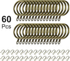 Hotop 30 Pcs Metal Drapery Curtain Rings 0.98/1.26/1.65 inch Interior Diameter and 30 Pcs Hanging Curtain Drapery Pin Hooks for Window Door Shower(32 mm,Oil-Rubbed Bronze)