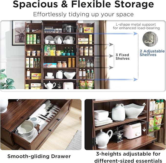 72‘’ Farmhouse Kitchen Pantry Cabinet with Drawer, Tall Storage Cabinet with 2 Barn Doors and Shelves, Versatile Large Rustic for Dining Room, Bathroom, Living Room, Laudry, Brown