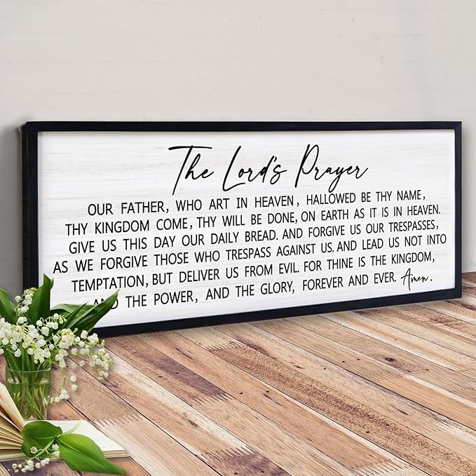 Our Father Prayer Bible Verse Framed Wall Art, 40''×15'' Black Horizontal Religious Christian Lords Prayer Sign for God Jesus Christ Prayer, Rustic Holy Inspirational Catholic Scripture Decor
