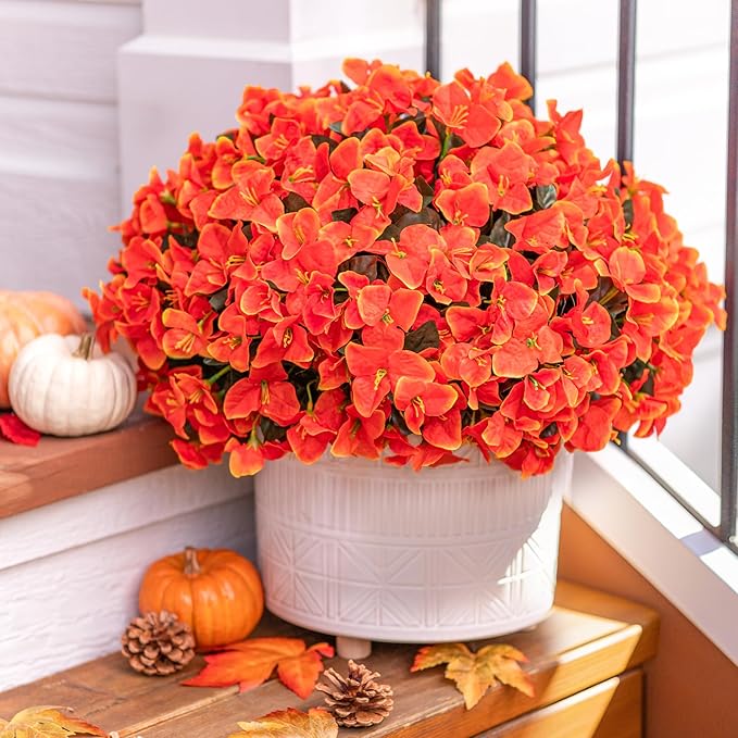 Ivydale Artificial Fall Flowers for Outdoors, 4 Bundles Fake Bougainvillea Flower Realistic Silk Flowers for Outside, Faux Fall Flowers for Outdoor Planters Patio Porch Home Decorations, Orange