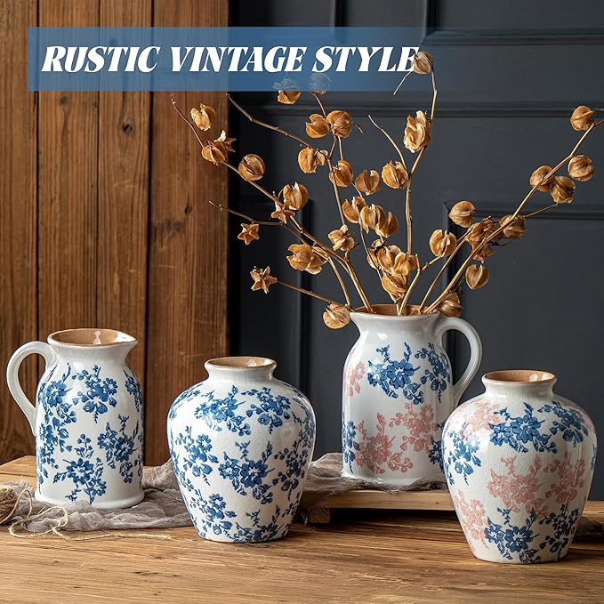 Pink Blue and White Pitcher Vase, 8 Inch Vintage Chinoiserie Ceramic Flower Vase, Rustic Retro Ice Cracked Antique Porcelain Vases for Home Farmhouse Table Centerpieces Shelf Decor ﻿