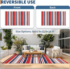 Outdoor Patio Rug 9x12 Stain-Resistant Reversible Camping Mat, Modern Striped Outdoor Plastic Straw Rug, Waterproof Outside Carpet, Easy to Clean for RV, Porch, Deck, Balcony, Red Blue White