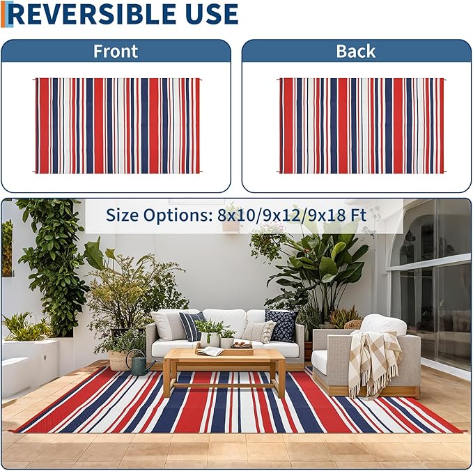 Outdoor Patio Rug 9x12 Stain-Resistant Reversible Camping Mat, Modern Striped Outdoor Plastic Straw Rug, Waterproof Outside Carpet, Easy to Clean for RV, Porch, Deck, Balcony, Red Blue White
