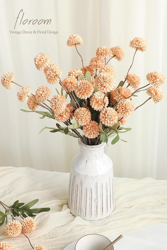 Floroom 5pcs Apricot Peach Faux Silk Mums Artificial Flowers, Bulk Fake Small Mini Chrysanthemums with Stems for DIY Wedding Centerpieces Floral Arrangements Vase Fillers Home Decorations