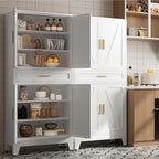 71 "Farmhouse Metal Filing Cabinet with a Drawer and 4 Adjustable Shelves, with 4 Large barn Door White Kitchen Cabinets, Metal Food Cabinets for Home, Kitchen, Dining/Living Room (White)