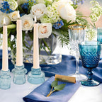 Double Sided Vintage Ribbed Taper Glass Candle Holders,Tea Candle Holder for Table Centerpieces, Wedding Decorations and Dinner Parties (Bule, 3 PCS)