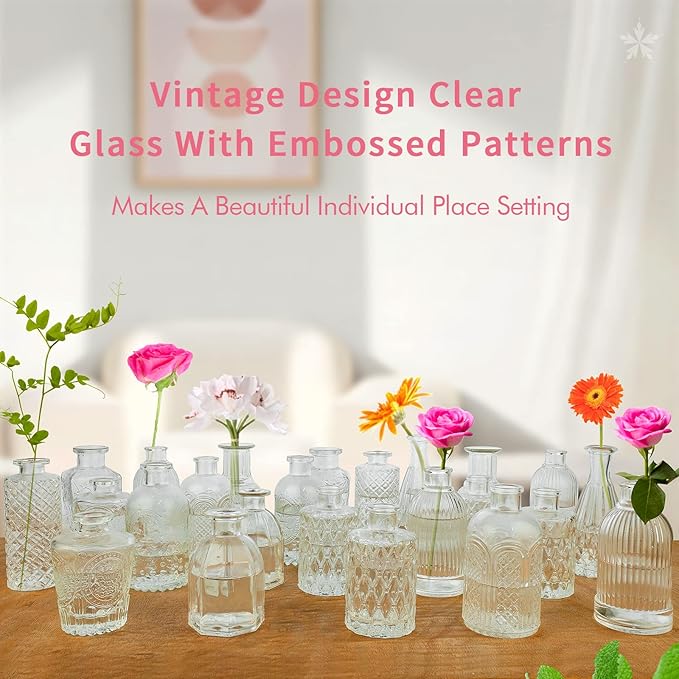 INFTYLE Vintage Flower Vase Set of 24, Clear Glass Bud Vases for Decor, Wedding, Party