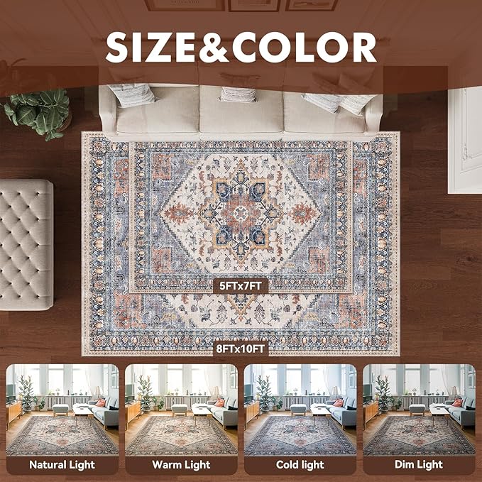 9 x 12 Area Rugs for Living Room Rug Large Washable Area Rug-Carpet Bedroom Dining Room Office Vintage Oriental Medallion Non Slip Soft Blue Rust