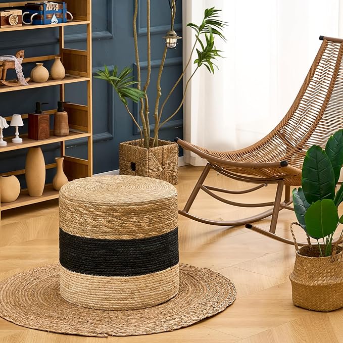 Wimarsbon 18'' Ottoman Pouf, Natural Braided Poof, Rustic Handweave Lounge Pouffe, Boho Footrest Stool for Bedroom, Accent Table for Living Room (18inch Natural Cattail + Black Corn Husk)