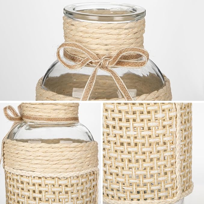 Hollyone 3Pcs Flower Vase Glass Vase with Cotton Rope Cover Woven Glass Vase Decorative Flower Bottle Modern Vase for Table Centerpiece Farmhouse Wedding Home Decor