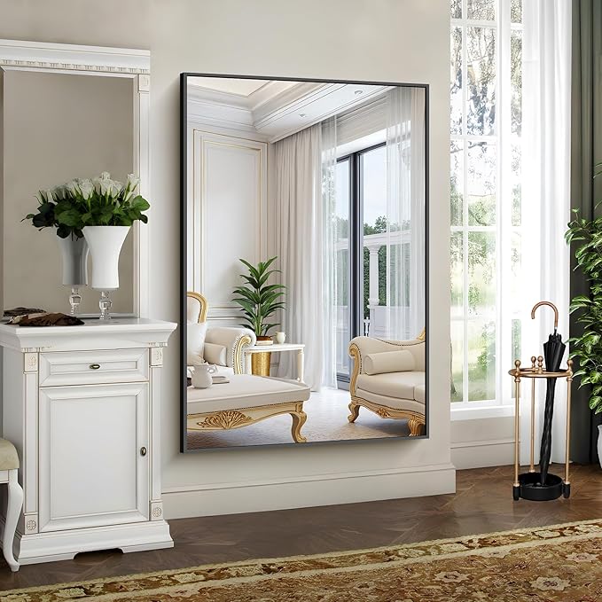 YIROMAN Bathroom Mirror 60"x30", Large Matte Black Bathroom Mirror for Over Sink with Aluminum Frame, Rectangular Vanity Mirror with Right Angle, Wall Mirror Hangs Horizontal or Vertical, Shatterproof