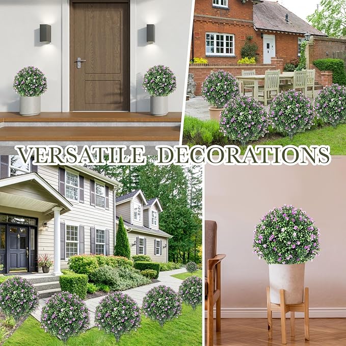 Yunlly Set of 2 Artificial Boxwood Topiary Ball Tree Fake Bushes Shrubs Outdoor Faux Plant with Ground Spike Flowers UV Resistance Greenery for Front Porch Garden Patio Indoor(Light Purple,27x18inch)