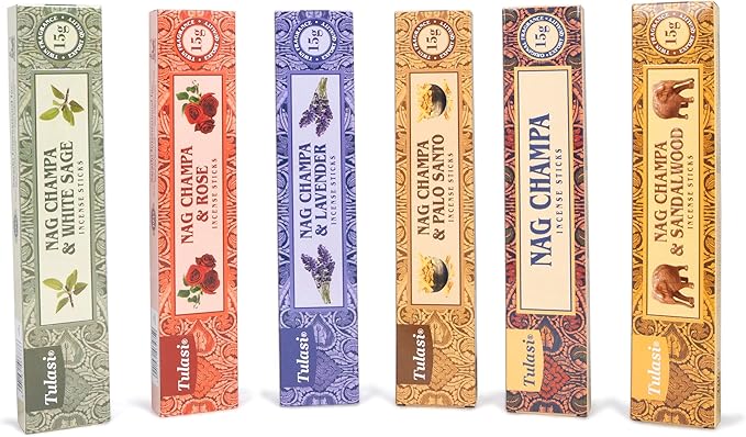 Tulasi Nag Champa Incense Sticks Gift Pack of 6, Hand Rolled Fragrance Incense Sticks for Aromatherapy, Relaxing, Yoga, Meditation, Prayer, Agarbatti Stick with Natural Oils (15gm x 6)