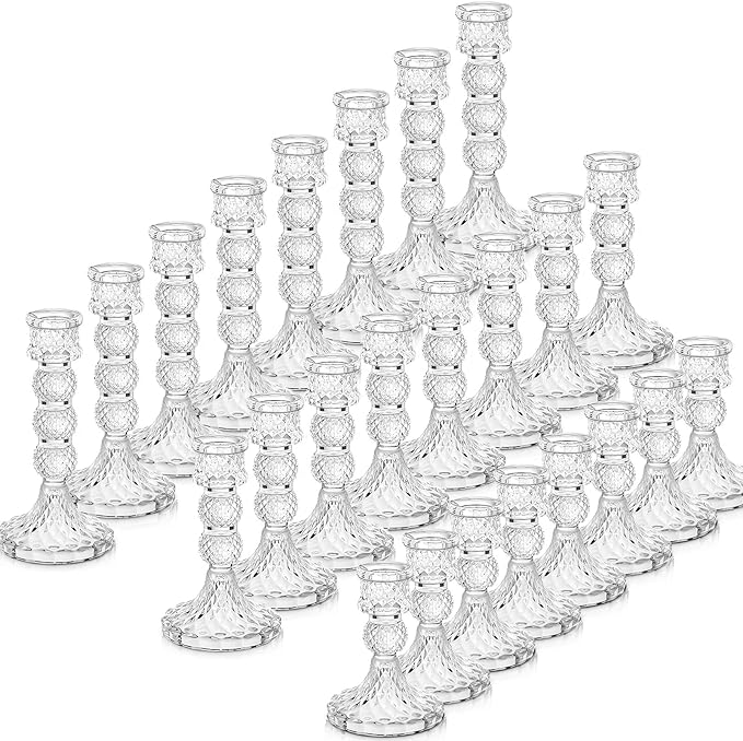 Mumufy 24 Pack Glass Taper Candle Holders Clear Candlestick Holder Fit 0.8 Inch Candles 4'' 6'' 8'' Tall Crystal Decorative Candlestick Stand Centerpiece for Table Wedding Dining Party (Vintage)