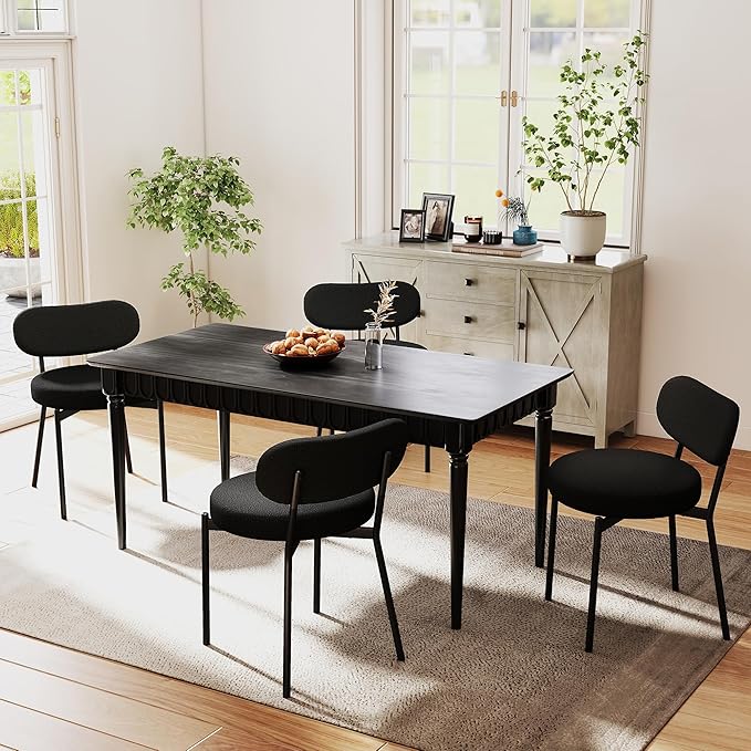 Dining Chairs Set of 4 pcs, Boucle Upholstered Comfortable Seat with Curved Backrest, Mid-Century Modern & Scandinavian Designer Style, Ideal for Dining Room & Kitchen, Black