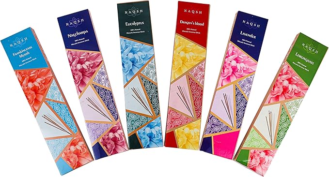 Naqsh Premium Hand Rolled Incense- Assorted 6x20 Mesmerizing Incense Sticks Including Lavender, Dragon's Blood, Frankincense Myrrh, Lemongrass, Eucalyptus, and Nagchampa