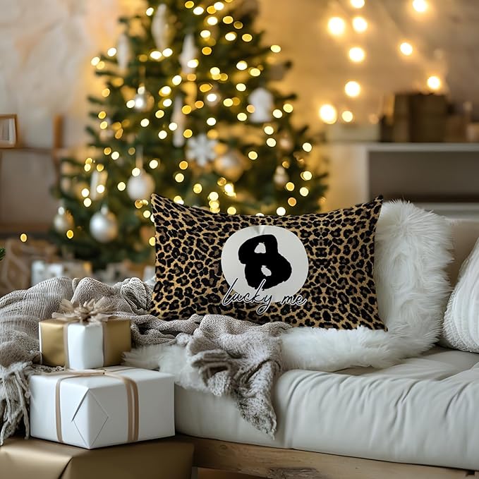 Coquette Pink Bow Leopard Print Lips Lucky 8 Ball Throw Pillow Covers 20x12, Cheetah Print Room Decor, Funky Y2K Leopard Decorative Pillow Covers for Girls Room Dorm Apartment Home，Set of 2