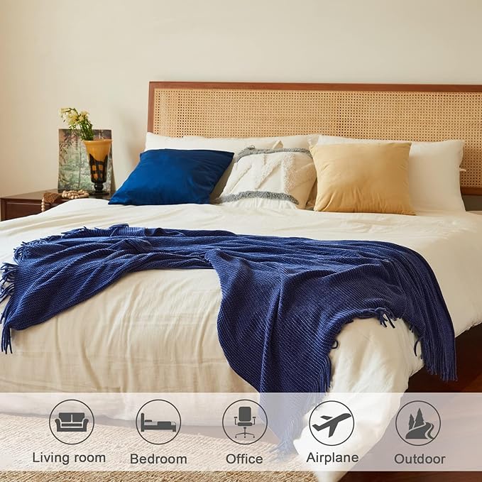 lifein Throw Blanket for Couch, Soft Boho Decor Bed Throw,Cozy Blue Chenille Knitted Small Farmhouse Lightweight Throw for Spring(Blue,60 * 80")