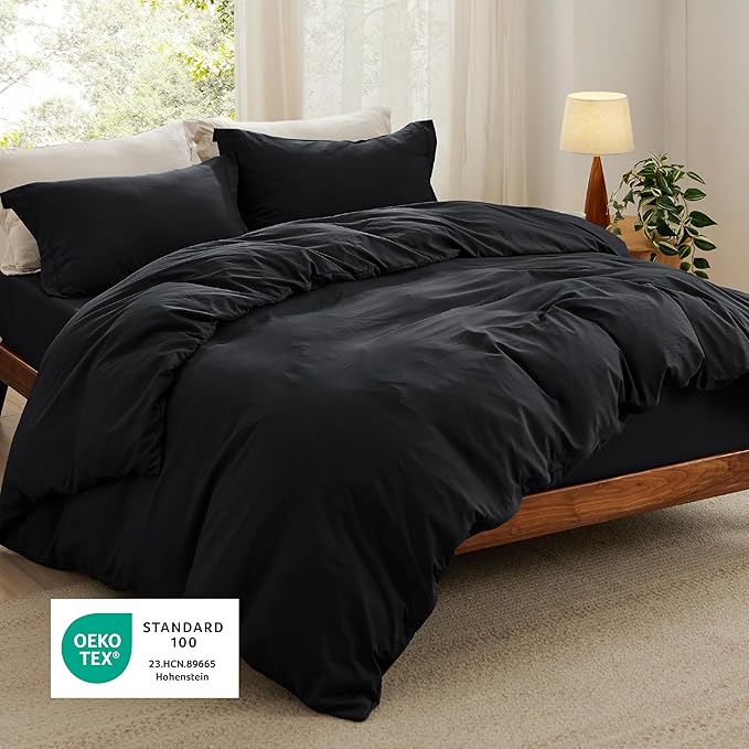 Bedsure Duvet Cover Queen Size with Fitted Sheet - 4 Pieces Prewashed Cotton-Like Extra Soft Bedding Set, Includes 1 Duvet Cover 90x90 Inches with Zipper Closure, 2 Pillow Shams, 1 Fitted Sheet, Black