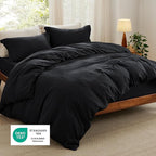 Bedsure Duvet Cover Queen Size with Fitted Sheet - 4 Pieces Prewashed Cotton-Like Extra Soft Bedding Set, Includes 1 Duvet Cover 90x90 Inches with Zipper Closure, 2 Pillow Shams, 1 Fitted Sheet, Black