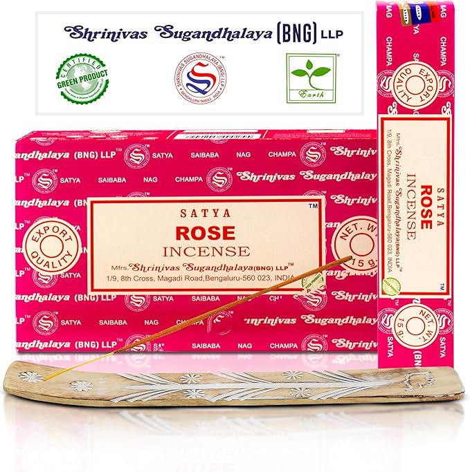Satya Rose Incense Sticks, Satya Bng Insenses 15gmx12 Pack with Raajsee Incense Holder Bundle, Satya Nagchampa Natural Incense