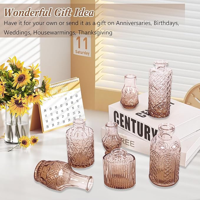 Set of 40 Glass Bud Vases, Small Amber Glass Vases in Bulk, Mini Vintage Embossed Flower Vase for Wedding, Centerpieces, Birthday Party, Baby Shower, Home Table Decorations (Amber)