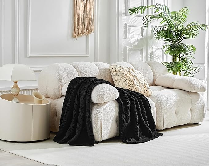 Longhui bedding Chunky Cotton Knit Throw Blanket for Couch, Sofa, Bed, or Chair, Decorative Breathable Fall Cable Knit Blanket 60 x 80 Inches, Large Black