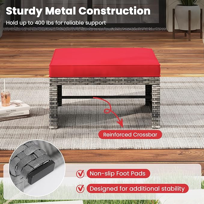 Tangkula 2 Pieces Patio PE Rattan Ottomans, Multipurpose Outdoor Footstool Footrest Additional Seating Side Table with Soft Zippered Cushions for Deck, Garden, and Yard (Red)