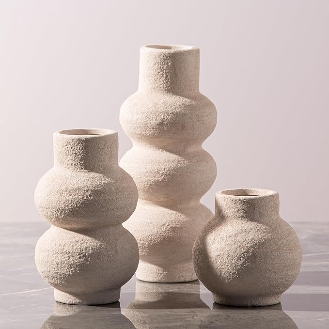 Ceramic Vase Home Table Decor - White Flower Vase Set of 3 Living Room Kitchen Decorations Farmhouse Modern Rustic Vases Decorative Centerpiece for Shelf Bedroom Office Bathroom Dining Coffee Desk