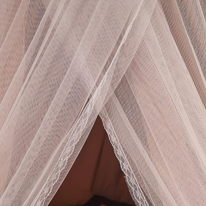 Kertnic Luxurious Bed Canopy for Girls & Adults - Double Layer Princess Canopy with Lace, Round Dome Mosquito Netting for Queen/King Bed Tent (Pink)