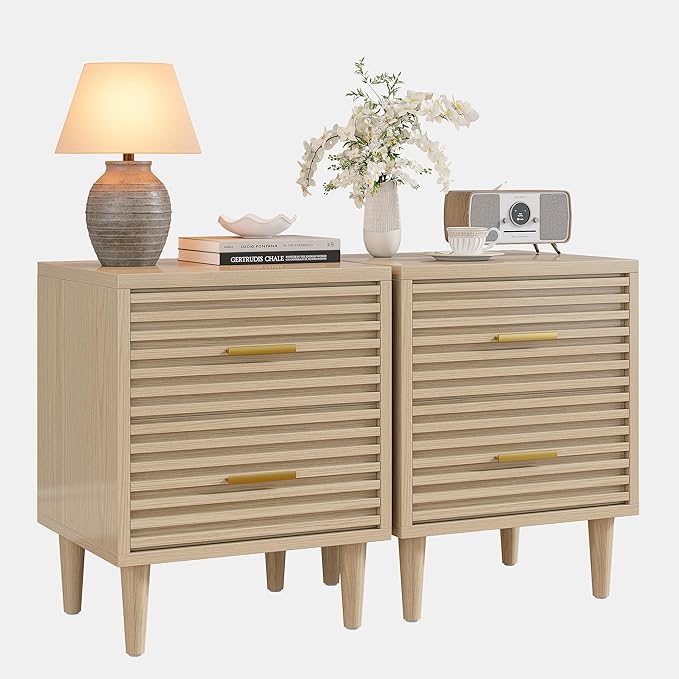 Alohappy Nightstands Set of 2, Bedside Table for Bedroom, End Table with 2 Drawers, Mid Century Modern Bed Side Table with Storage Vintage Wood Accent Table for Living Room, Oak 2pcs