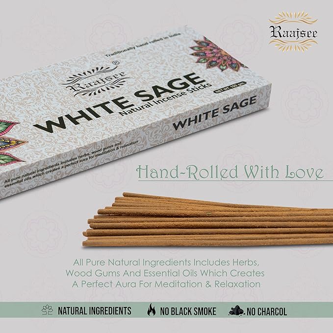 Raajsee White Sage Incense Sticks, 100%-Natural Charcoal Free Organic Non Toxic Clean Burning Handmade Insence Sticks 100 gm Pack, Meditation Gifts – Spritual Cleansing
