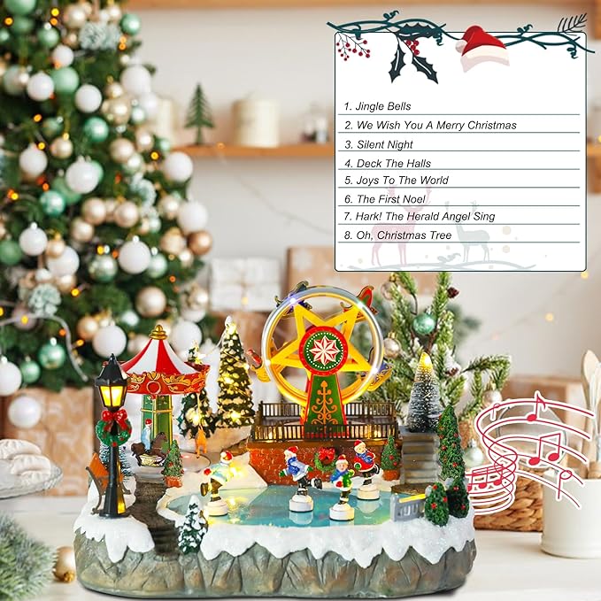 Christmas Village House Musical Christmas Collectible Buildings Amusement Park Carousel Skating Ferris Wheel with LED Lights Vacation Village with USB Indoor Figurines Xmas Decoration