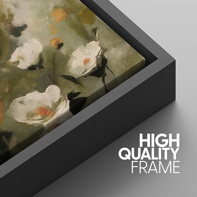 SIGNWIN Framed Canvas Print Wall Art Botanical Floral White Blossoms and Greenery Photography Modern Art Minimalist Black and White for Living Room, Bedroom, Office - 16"x24"x3 Black