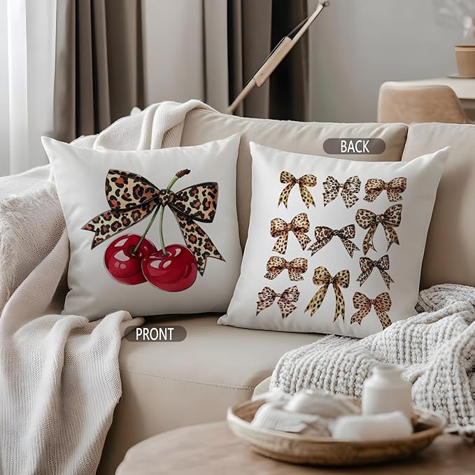 Coquette Leopard Bow Cherry Pillow Covers 18x18, Coquette Cheetah Print Room Decor, Preppy Girly Trendy Leopard Ribbon Cherry Decorative Throw Pillow Covers for Girls Dorm Apartment