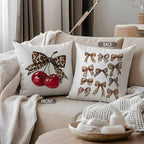 Coquette Leopard Bow Cherry Pillow Covers 18x18, Coquette Cheetah Print Room Decor, Preppy Girly Trendy Leopard Ribbon Cherry Decorative Throw Pillow Covers for Girls Dorm Apartment